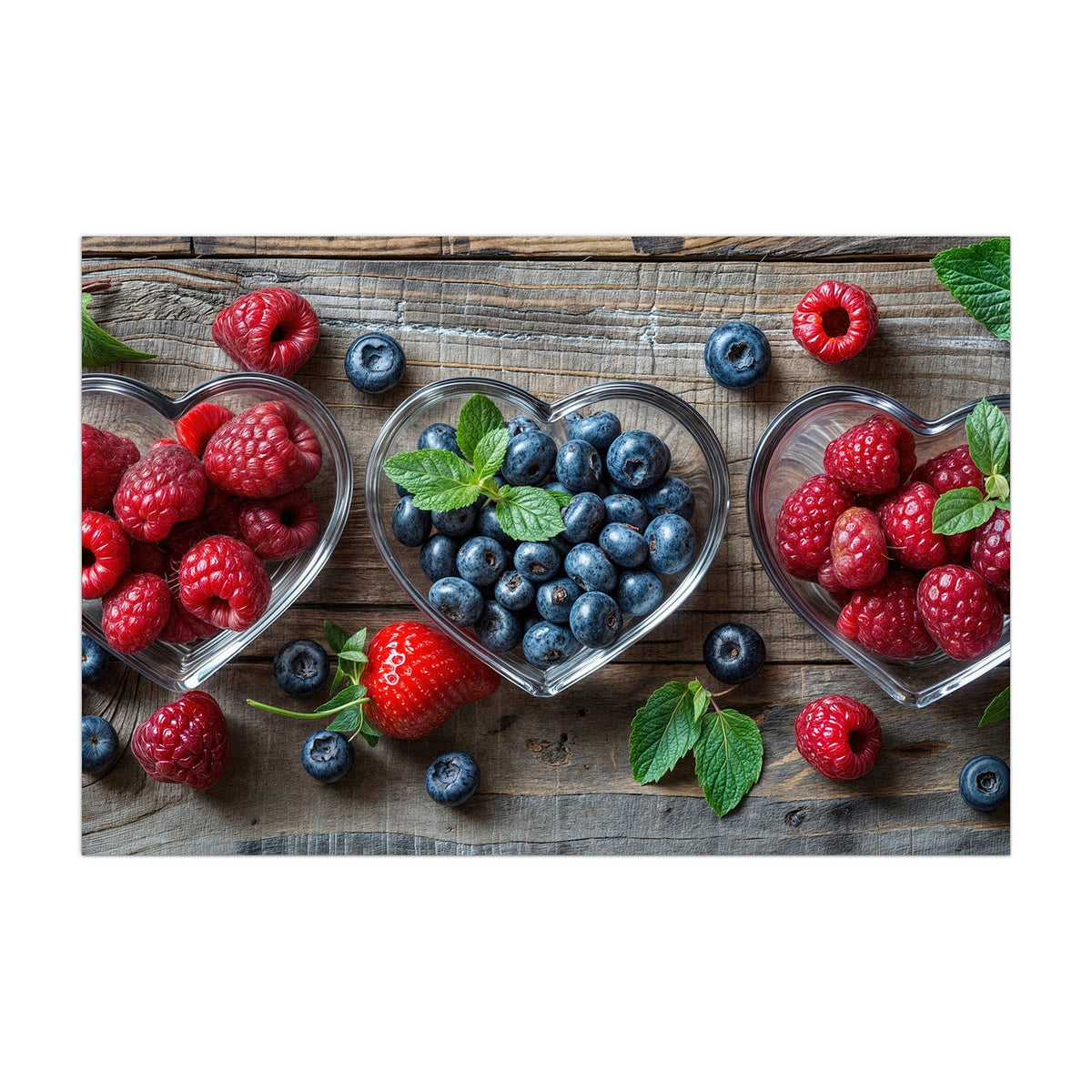 Küchenrückwand aus Glas Beeren in Herzschalen im Hochformat, Motiv bildfüllend von vorn