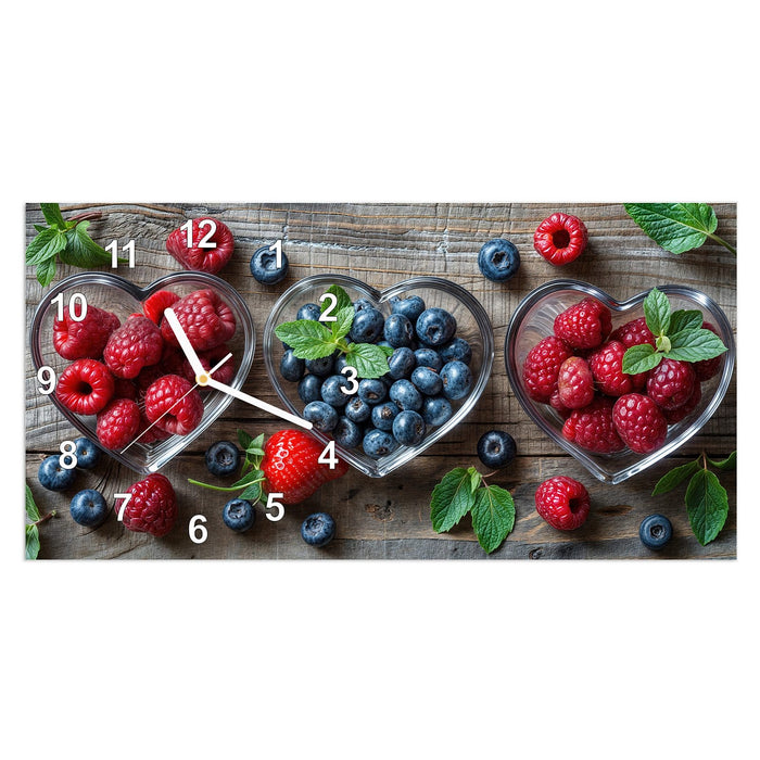 Wanduhr Herzschalen Beeren aus Glas – Querformat 60 × 30 cm mit Ziffernblatt Modern