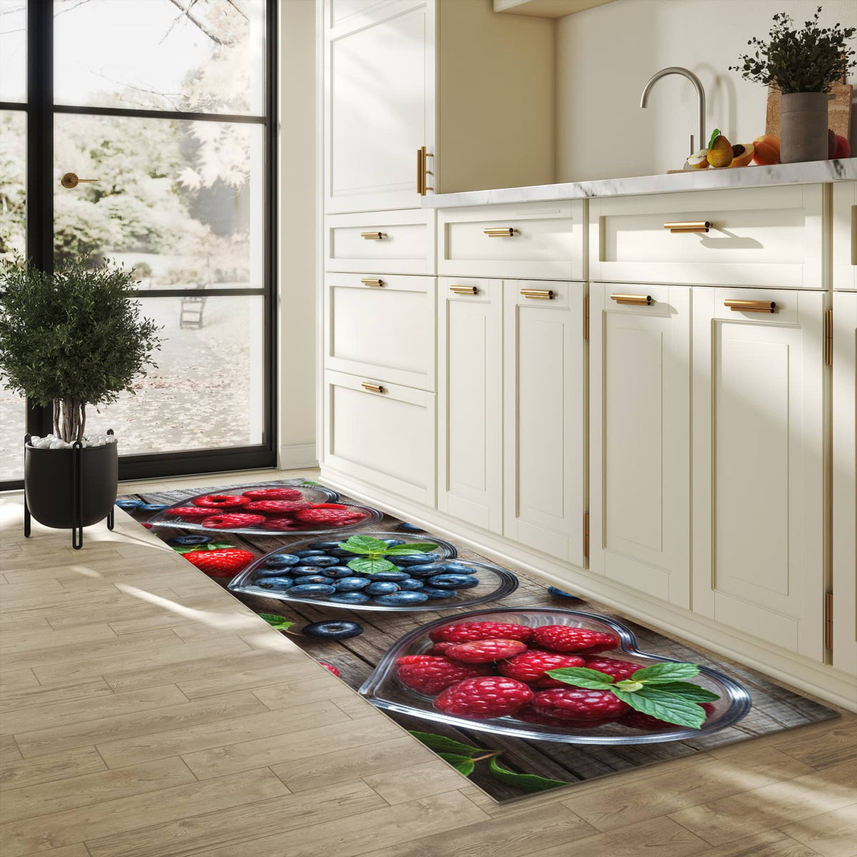 Waschbarer Teppich fürs Esszimmer mit Motiv Herzschalen Beeren in heller Küche