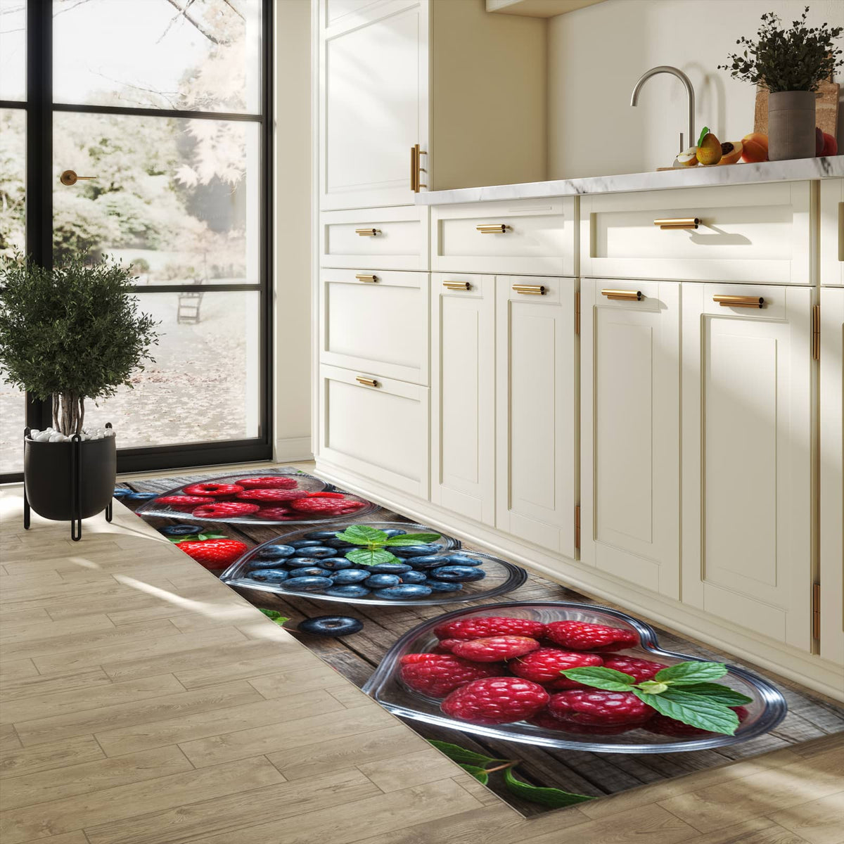 Langlebiger Teppich für Esstisch mit Motiv Herzschalen Beeren in heller Küche, waschbar