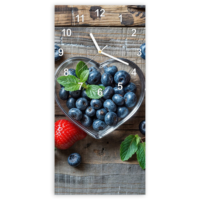 Wanduhr Herzschalen Beeren aus Glas – Hochformat 30 × 60 cm mit Ziffernblatt Modern