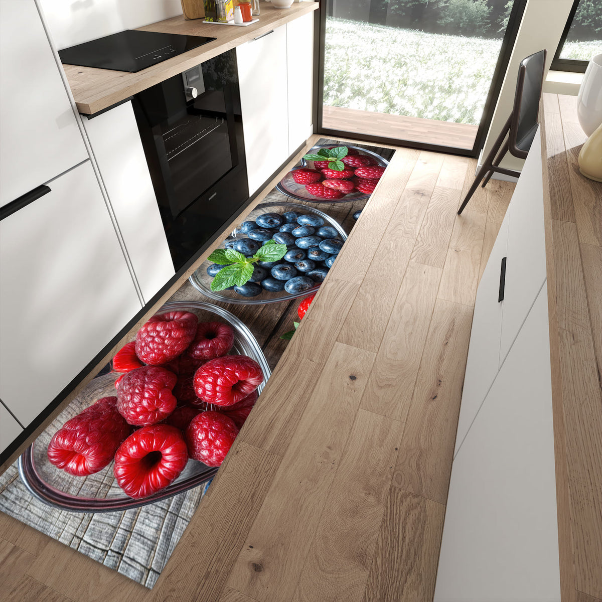 Bodenschonender rutschfester Küchenläufer mit Motiv Herzschalen Beeren in moderner Küche