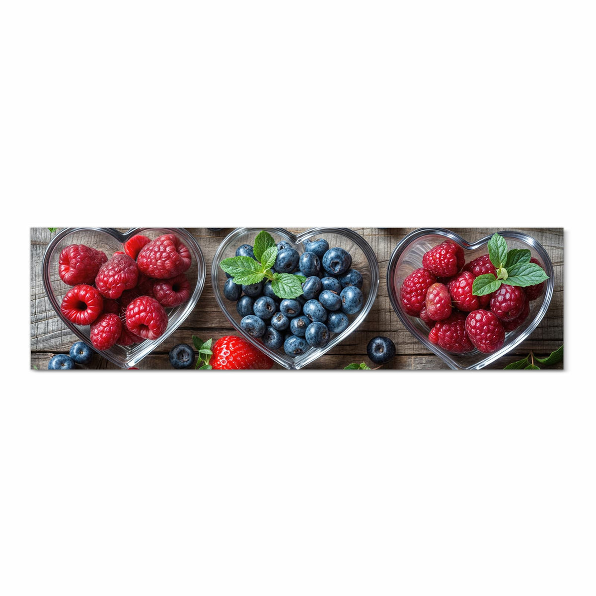 Fleckenresistenter rutschfester Küchenteppich mit Motiv Herzschalen Beeren in Frontansicht