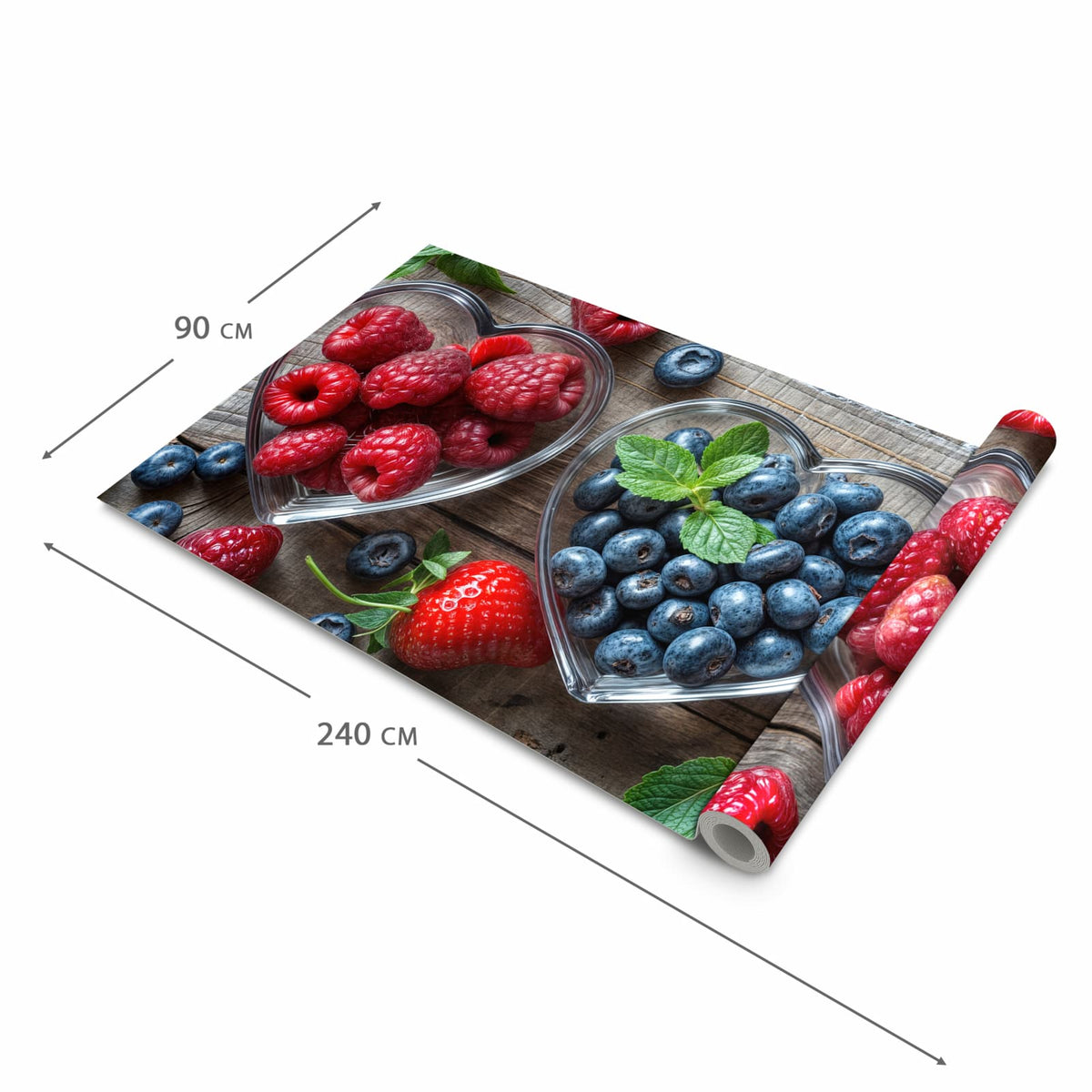 Geruchsneutraler rutschfester Küchenläufer mit Motiv Herzschalen Beeren in der Größe 90x180 cm