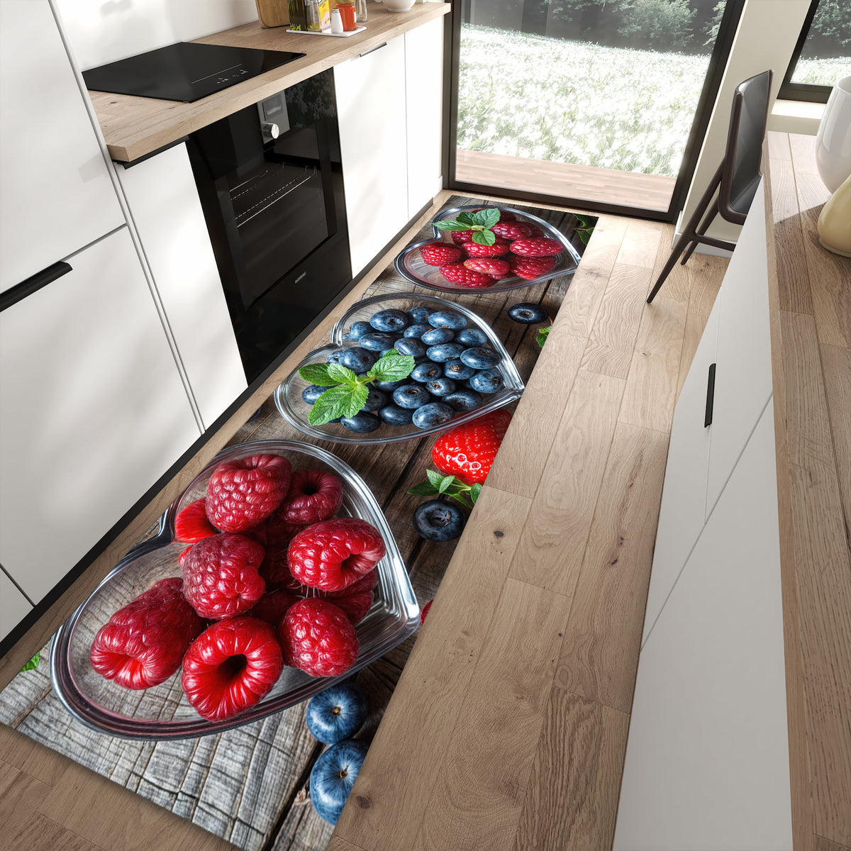 Waschbarer Küchenläufer mit Motiv Herzschalen Beeren in moderner Küche für sichere Aufbewahrung
