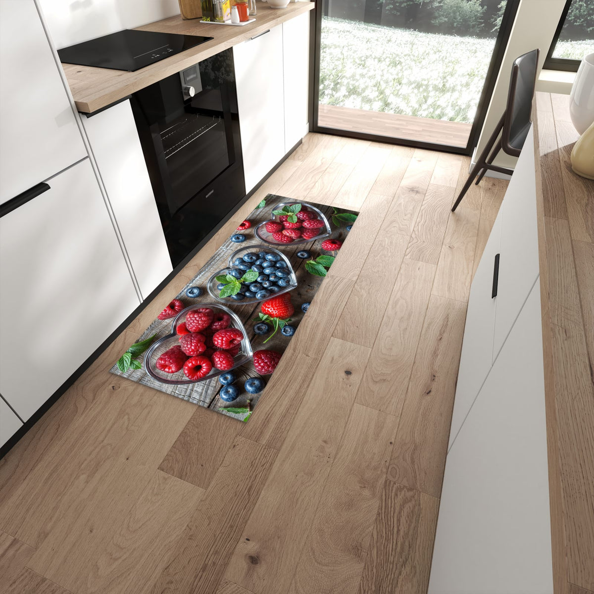 Waschbarer Küchenläufer mit Motiv Herzschalen Beeren in moderner Küche #grösse_60 x 150 cm