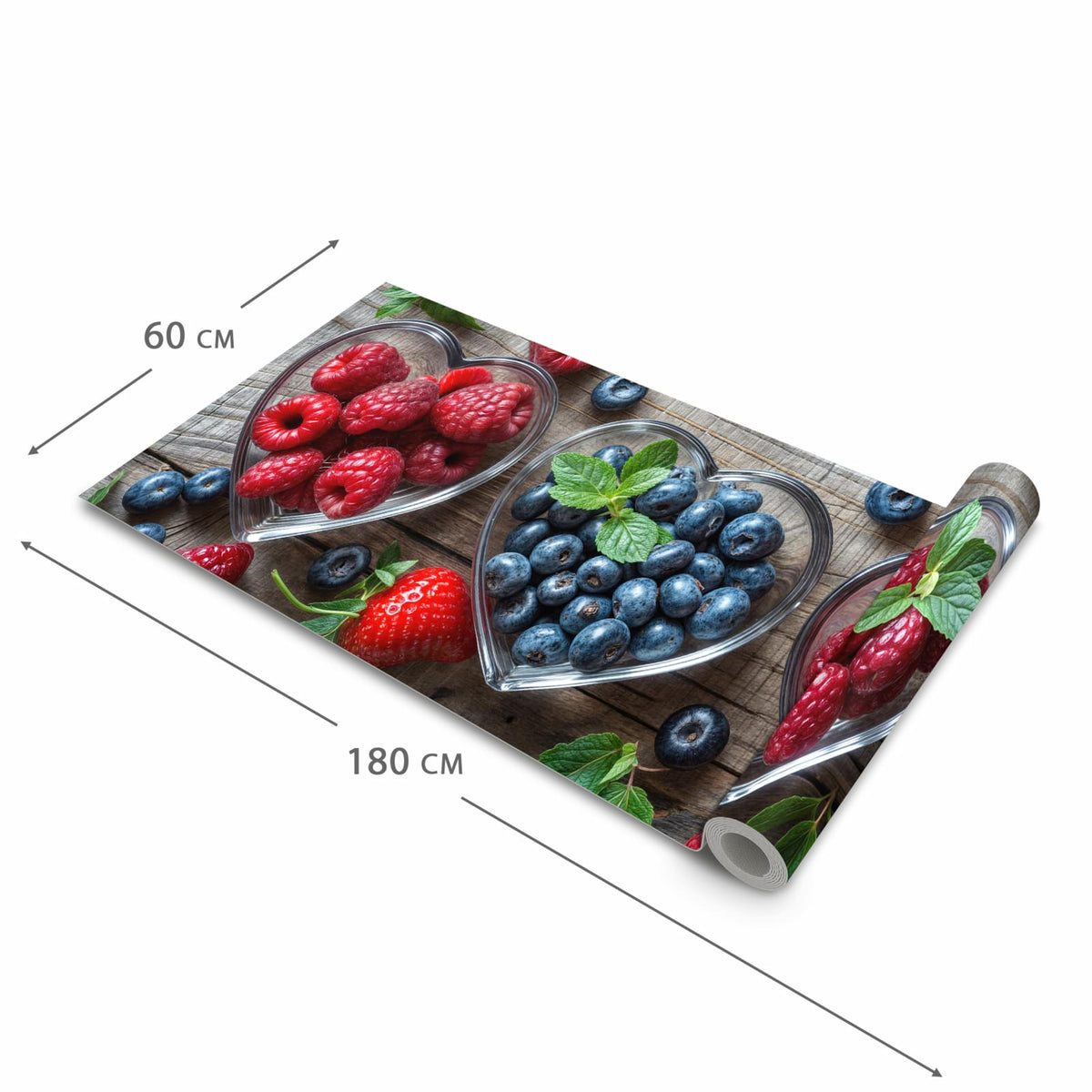Formstabiler großer Küchenteppich mit Motiv Herzschalen Beeren in der Größe 80x300 cm