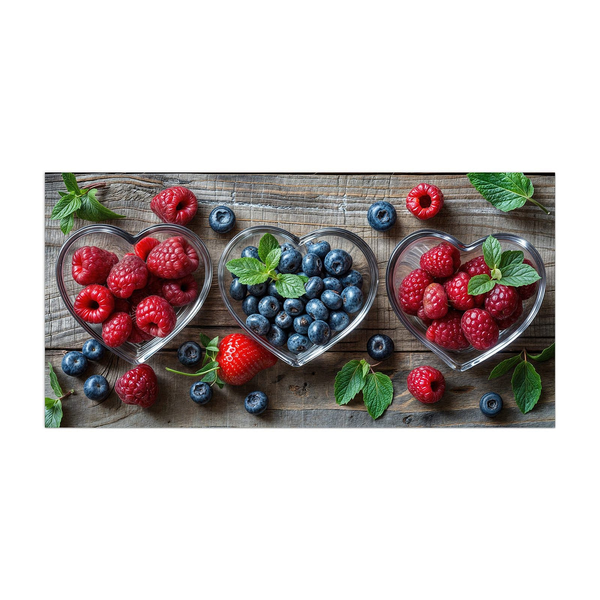 Küchenrückwand aus Glas Beeren in Herzschalen im Hochformat, Motiv bildfüllend von vorn