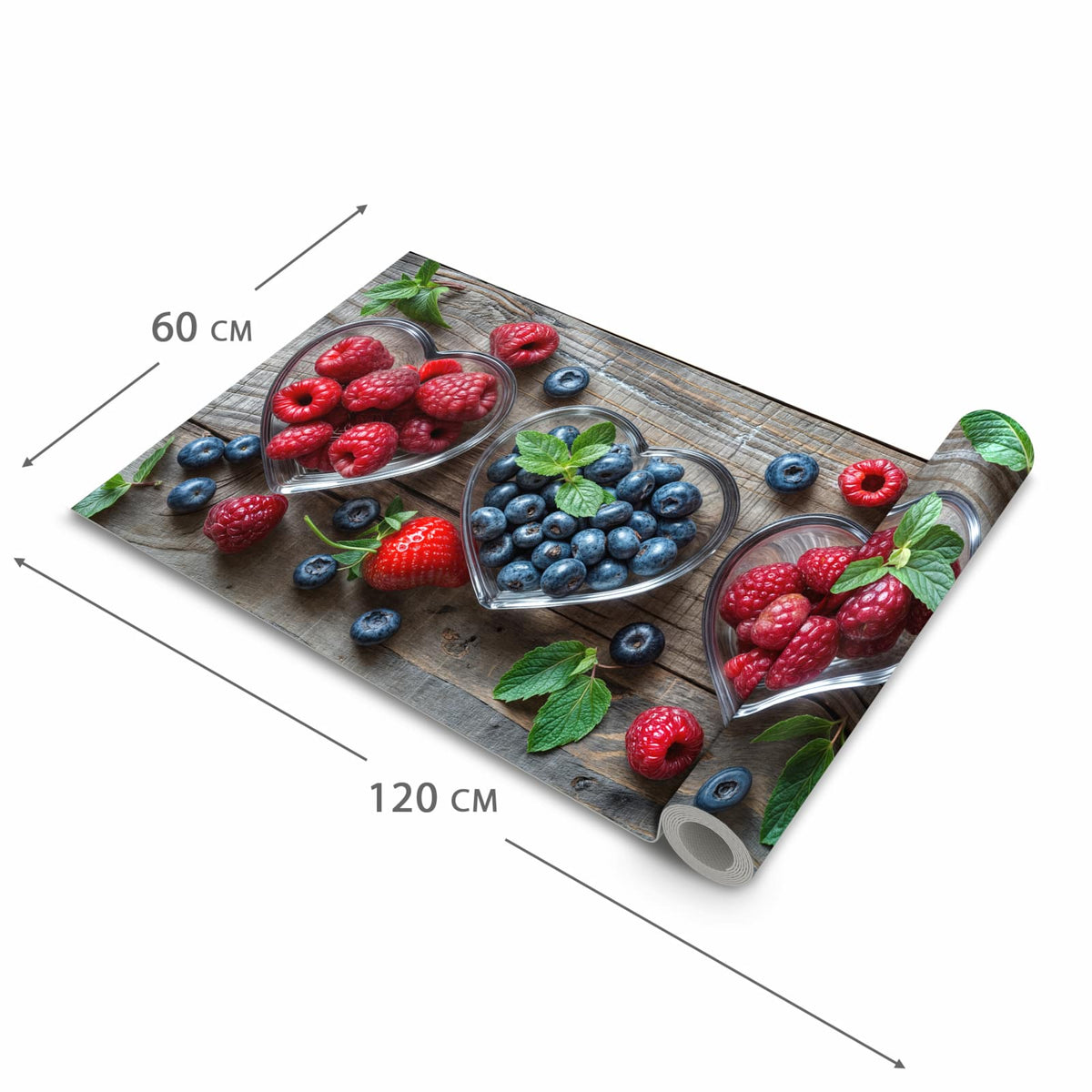 Bodenschonender waschbarer Küchenteppich mit Motiv Herzschalen Beeren in der Grösse 80x300 cm