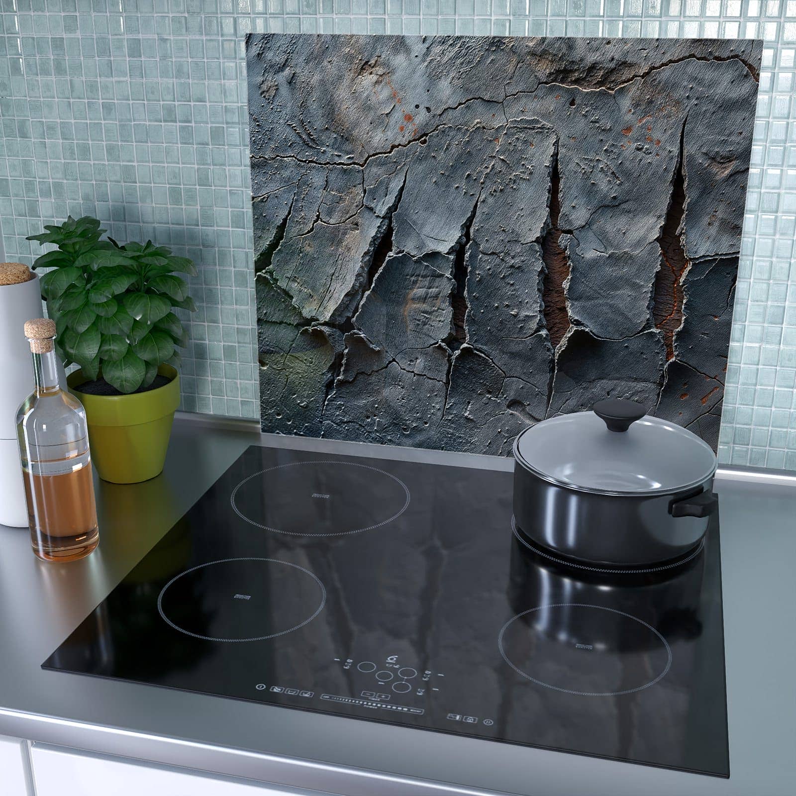 1-teilige Herdabdeckplatte aus Glas mit Rissige mit Oberfläche-Motiv als Spritzschutz hinter dem Kochfeld