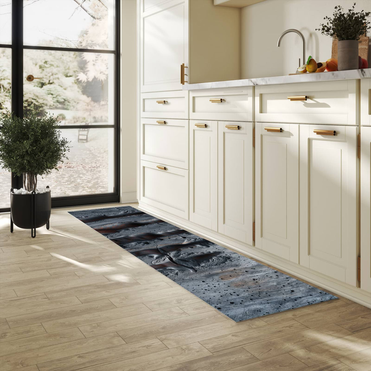 Fleckenresistenter rutschfester Küchenläufer mit Motiv Strukturiertes Muster in heller Küche