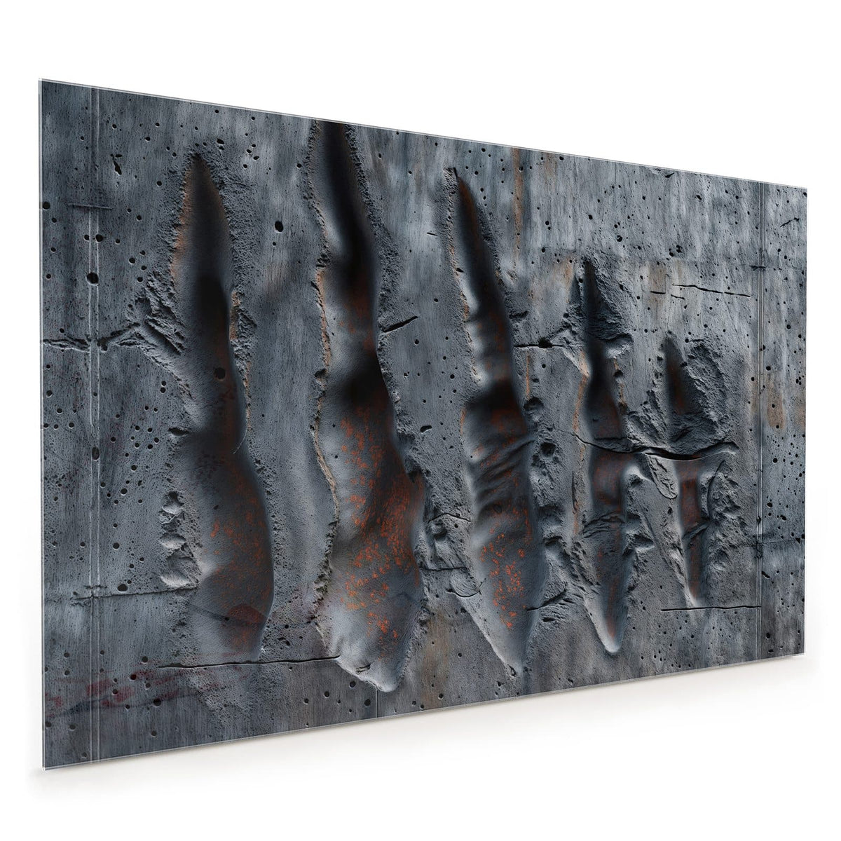 Küchenrückwand aus Glas im Hochformat mit Motiv Rostspuren im Beton: Graue Betonwand mit fünf aufgerissenen Kerben, darin rostorange Spuren