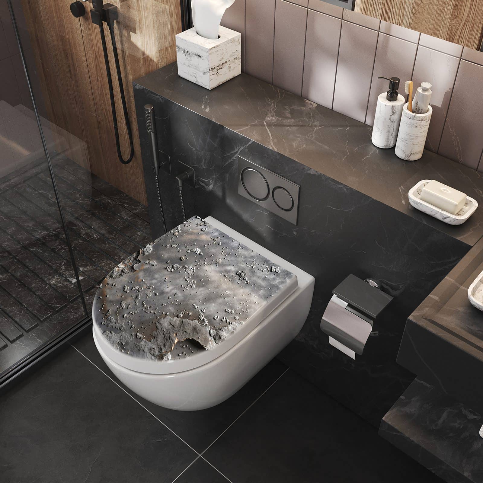 Hygienischer Klodeckel mit Absenkautomatik und Motiv Verwitterte & Oberfläche im Badezimmer seitlich