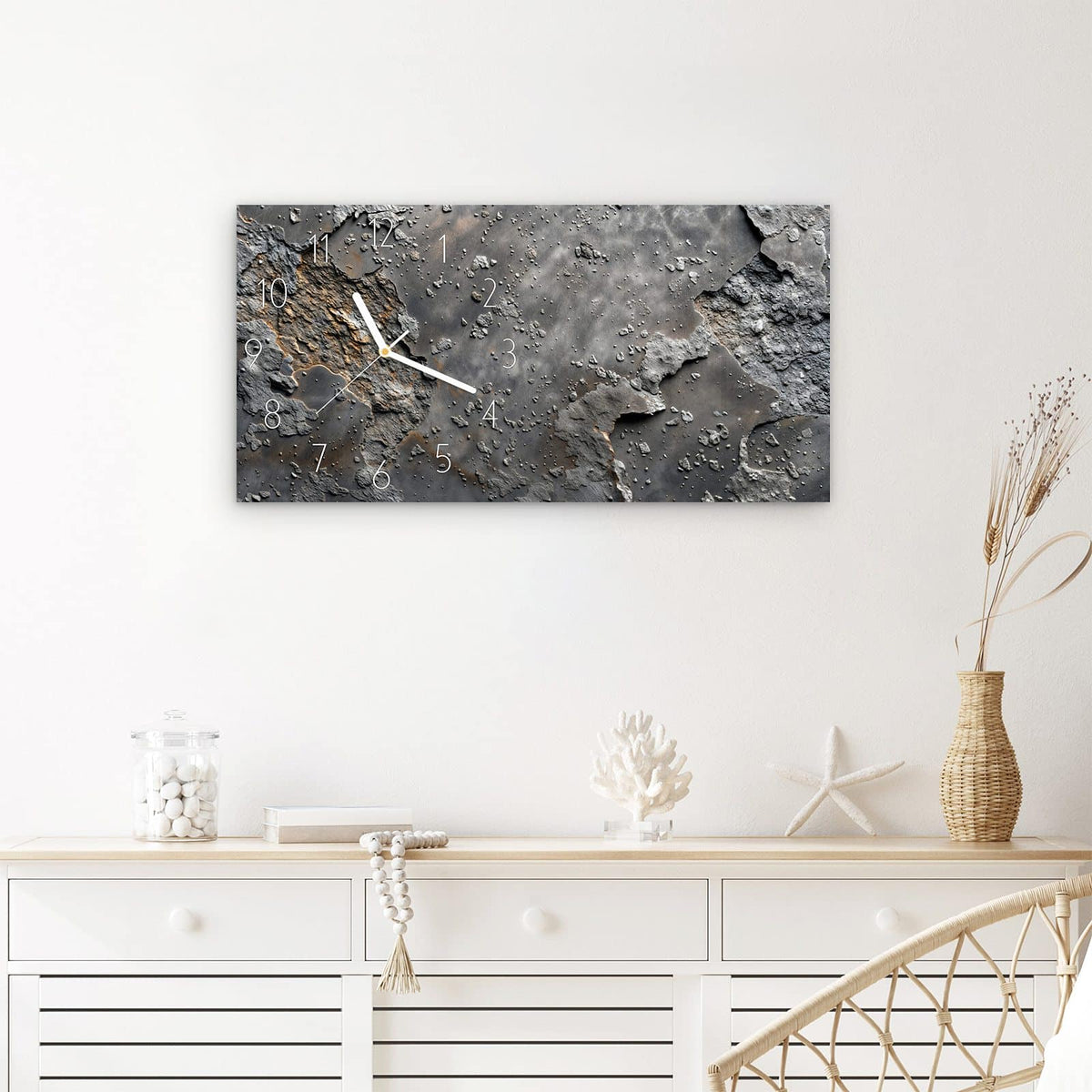 Wanduhr Verwitterte & Oberfläche aus Glas – Querformat 60 × 30 cm – Vulkangestein in Grau und Schwarz
