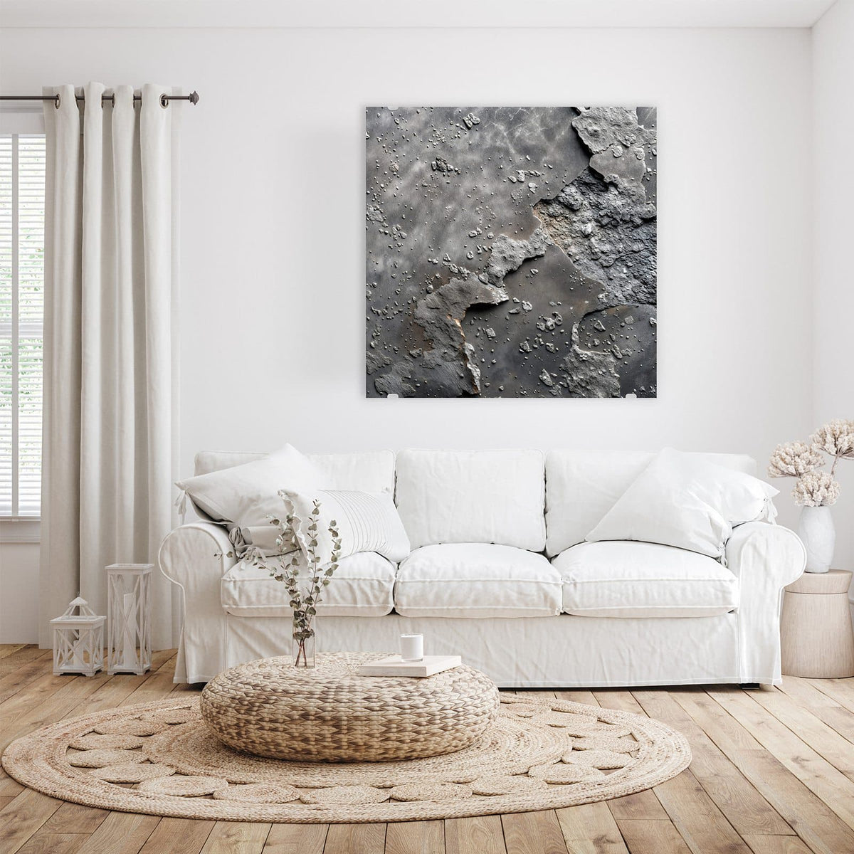 Glasbild Rauer Beton an der Wand – Rauer grauer Beton mit groben Einschlüssen und abgeplatzten Schichten