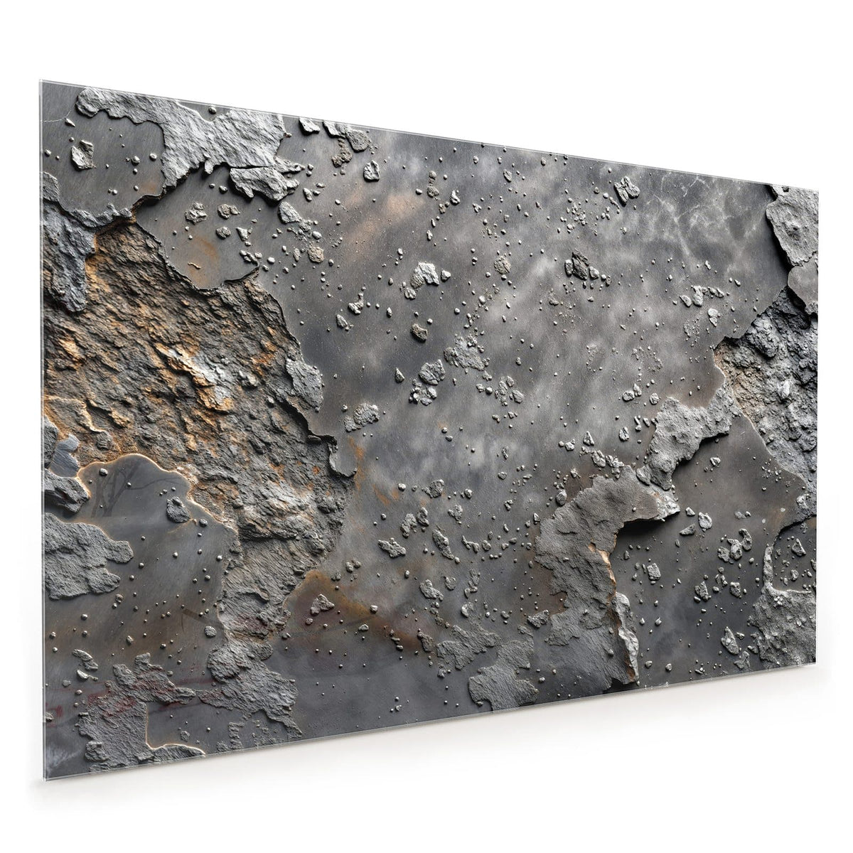 Küchenrückwand aus Glas im Hochformat: Rauer grauer Beton mit groben Einschlüssen und abgeplatzten Schichten