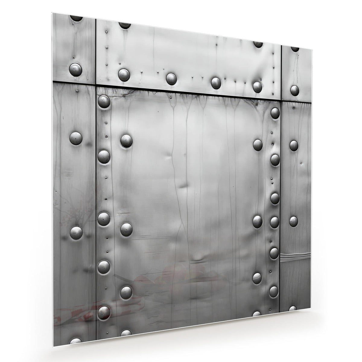 Silbrig glänzende, glatte Metallplatten mit Reihen halbrunder Nieten und Laufspuren