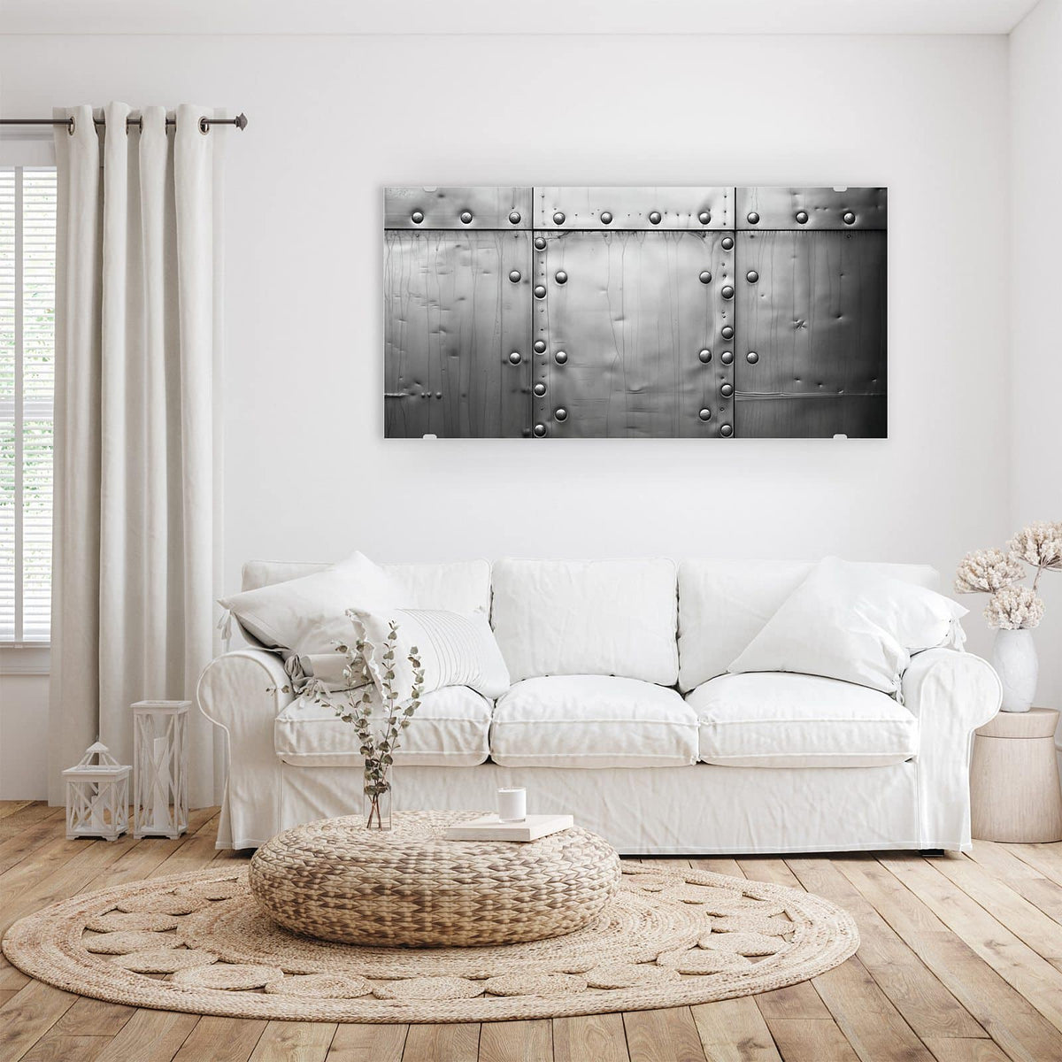 Wandbild - Stahlplatten mit Nieten - Querformat – Graue Metallplatten mit Nieten