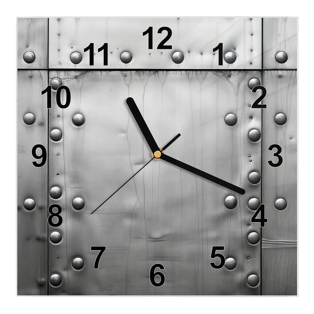 Wanduhr aus Glas, Ziffernblatt Modern mit Motiv Stahlplatten mit Nieten: Silbrig glänzende, glatte Metallplatten mit Reihen halbrunder Nieten und Laufspuren