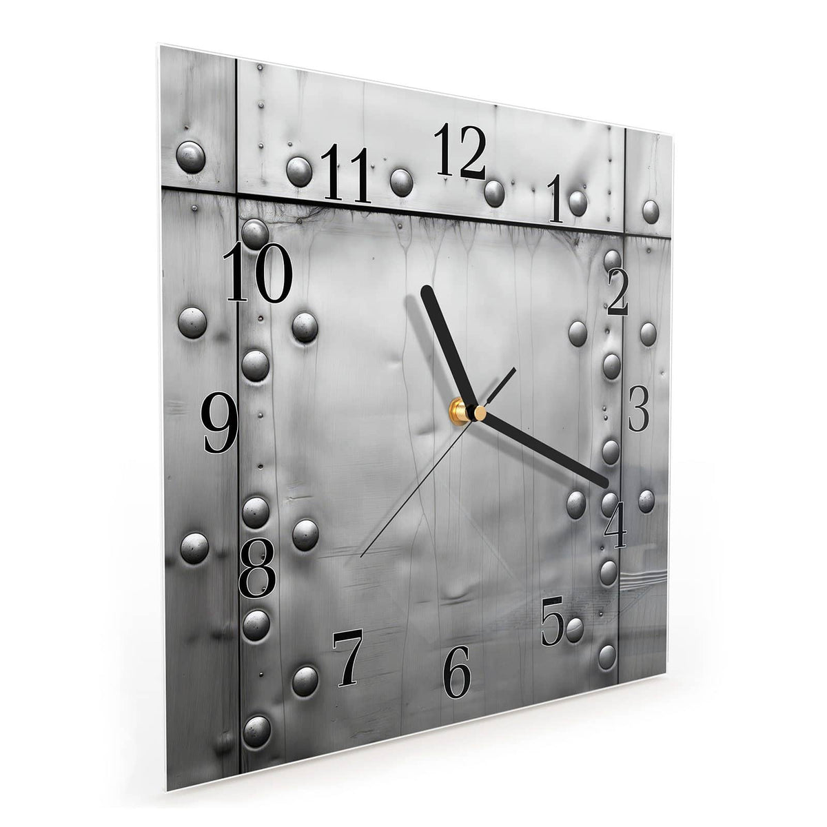 Quadratische Wanduhr aus Glas Stahlplatten mit Nieten schräg von der Seite, 4 mm starkes Glas