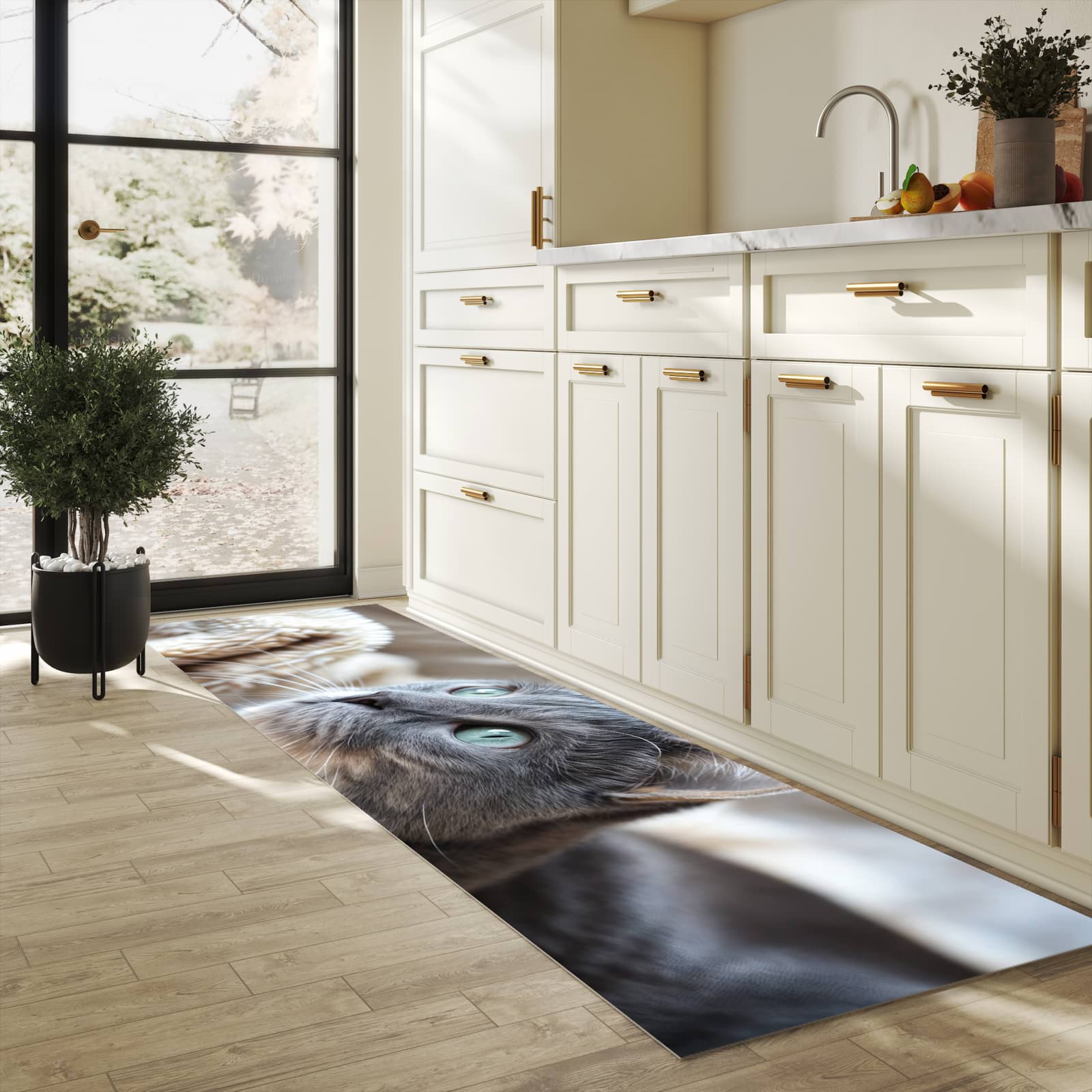 Geräuschdämpfender Küchenläufer mit Motiv Kuschelige Katze in heller Küche