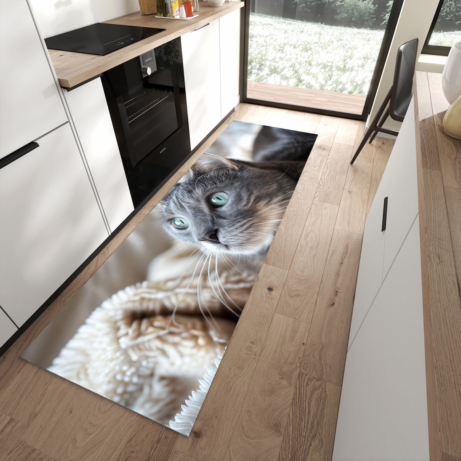Hygienischer großer Küchenteppich mit Motiv Kuschelige Katze in moderner Küche