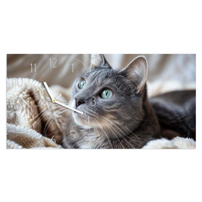 Wanduhr Kuschelige Katze aus Glas – Querformat 60 × 30 cm mit Ziffernblatt Elegant