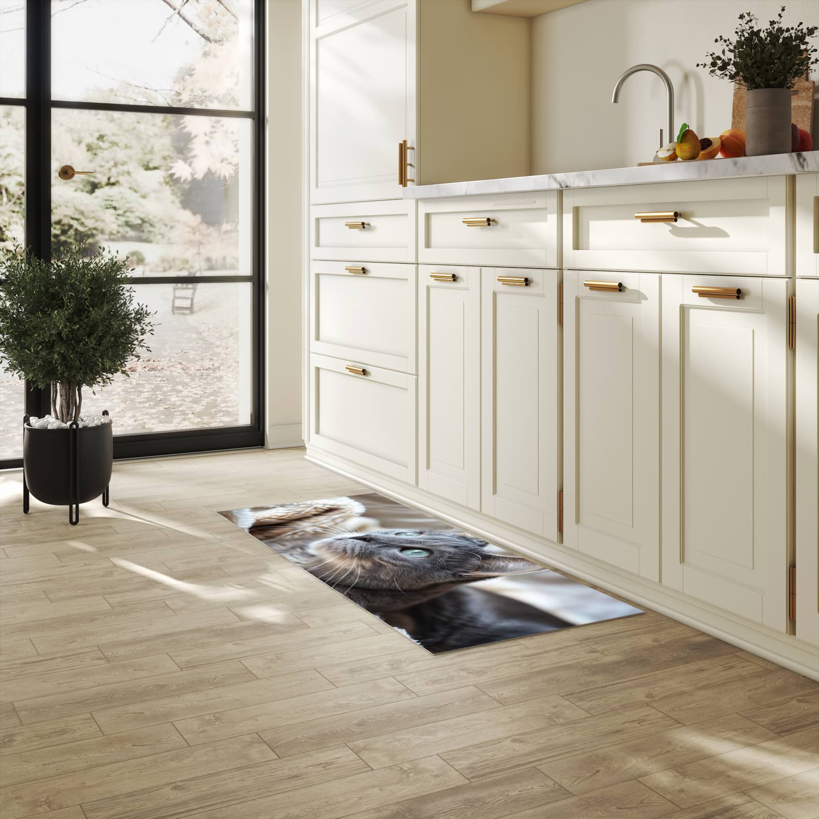 Rutschfester Küchenteppich mit Motiv Kuschelige Katze in heller Küche