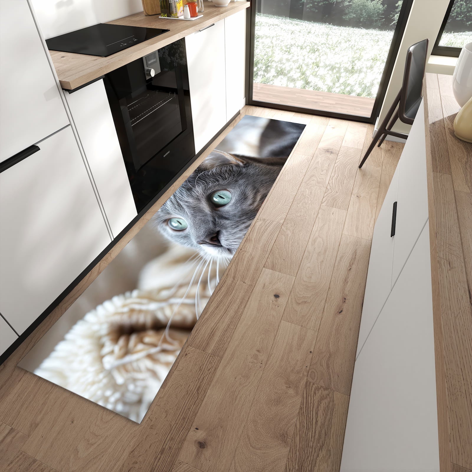 Komfortabler rutschfester Küchenteppich mit Motiv Kuschelige Katze in moderner Küche