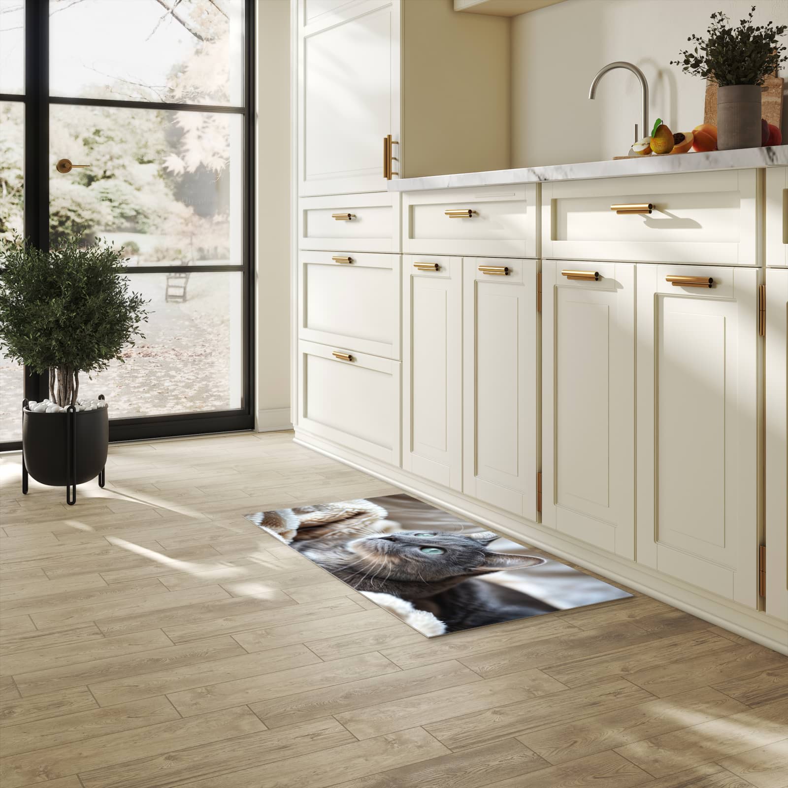 Langlebiger Teppich für die Küche mit Motiv Kuschelige Katze in heller Küche