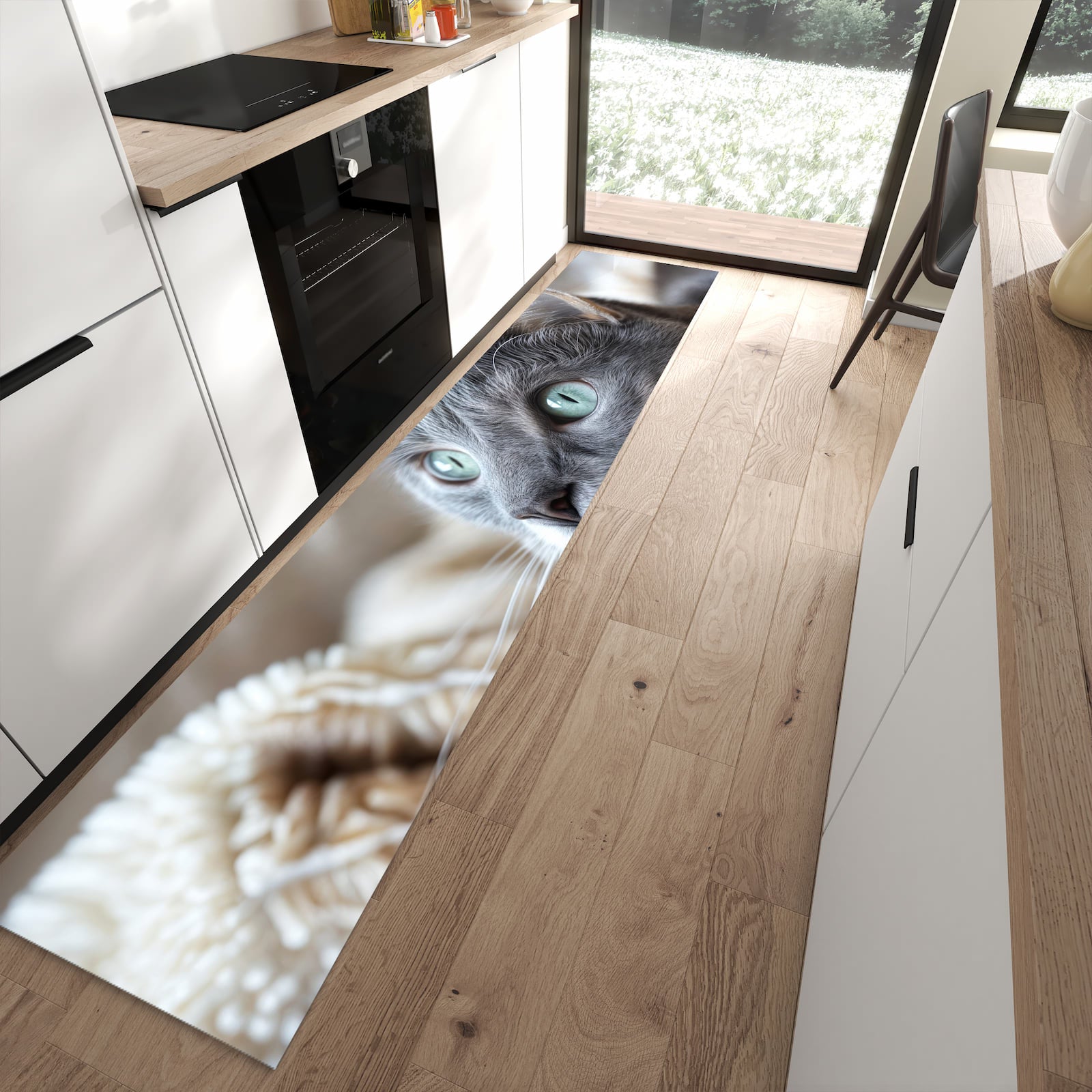 Rutschfester Küchenteppich mit Motiv Kuschelige Katze in moderner Küche
