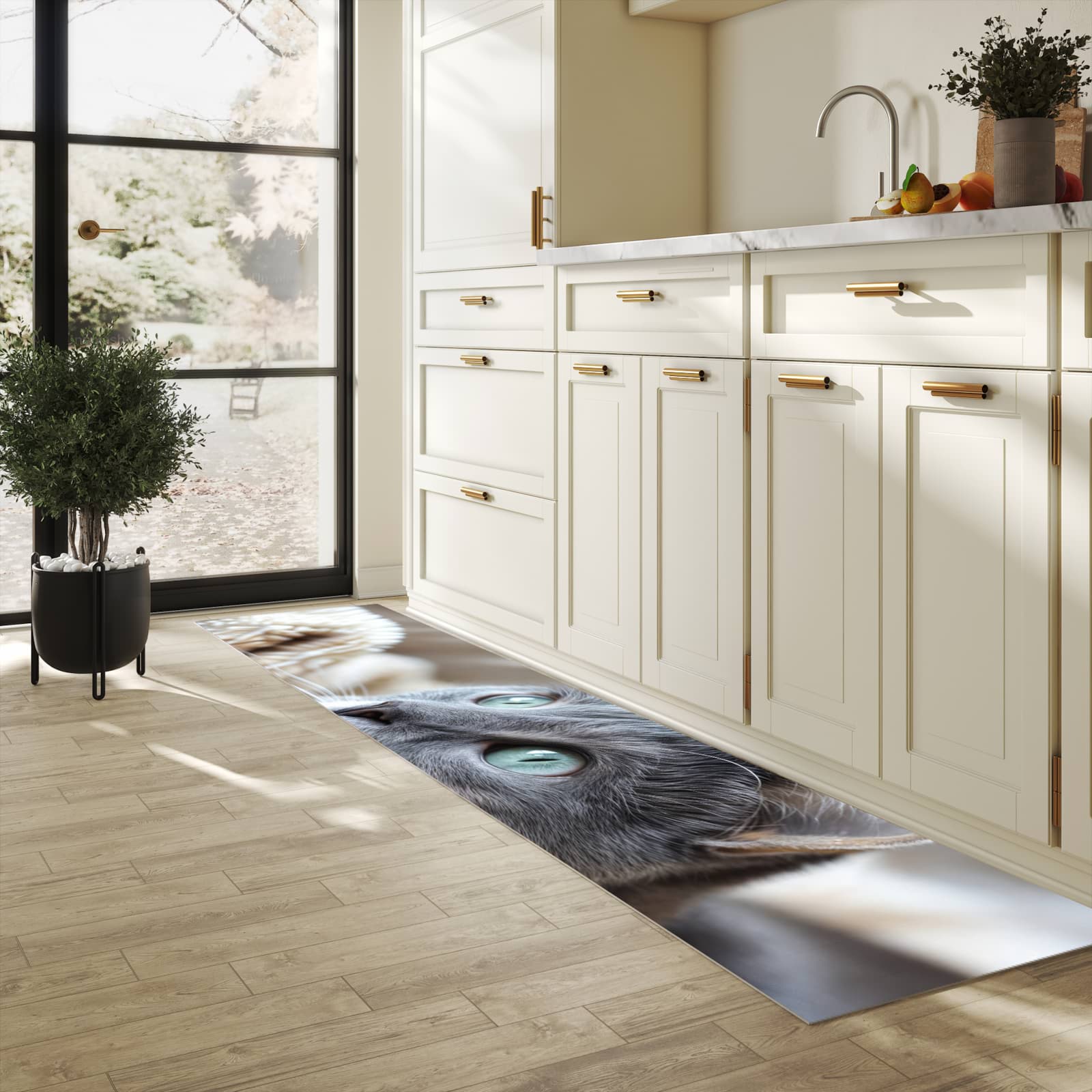 Bodenschonender Läufer für die Küche mit Motiv Kuschelige Katze in heller Küche