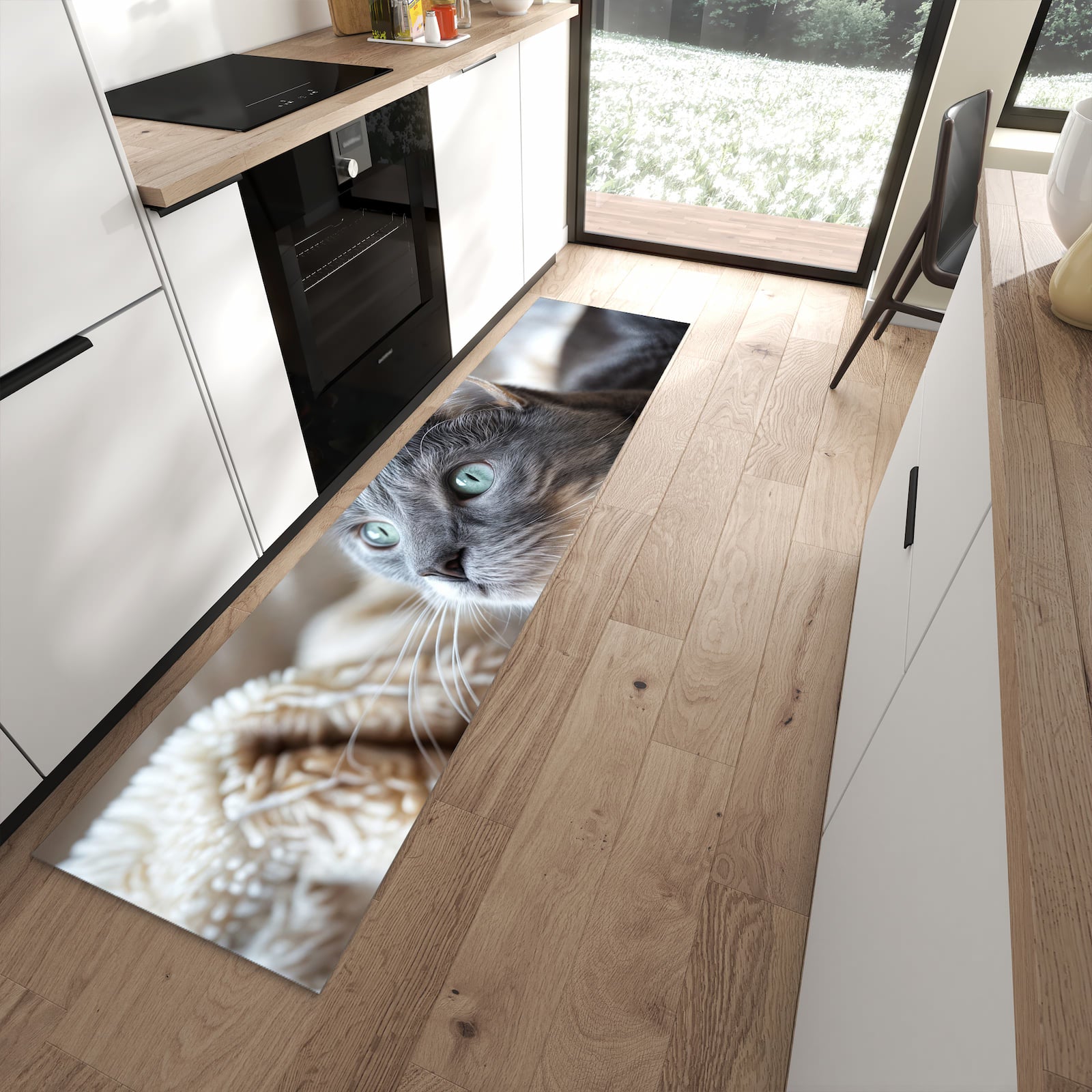 Pflegeleichter Küchenteppich mit Motiv Kuschelige Katze in moderner Küche