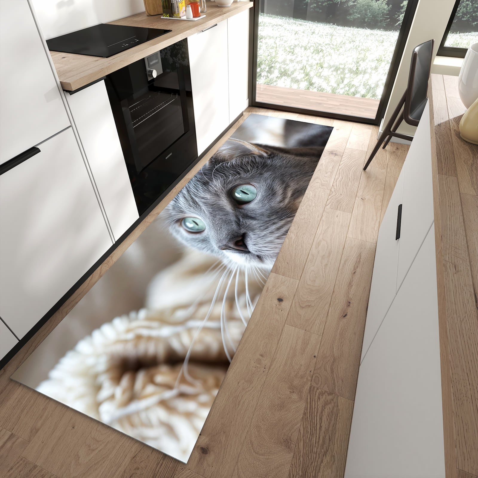 Strapazierfähiger rutschfester Küchenteppich mit Motiv Kuschelige Katze in moderner Küche