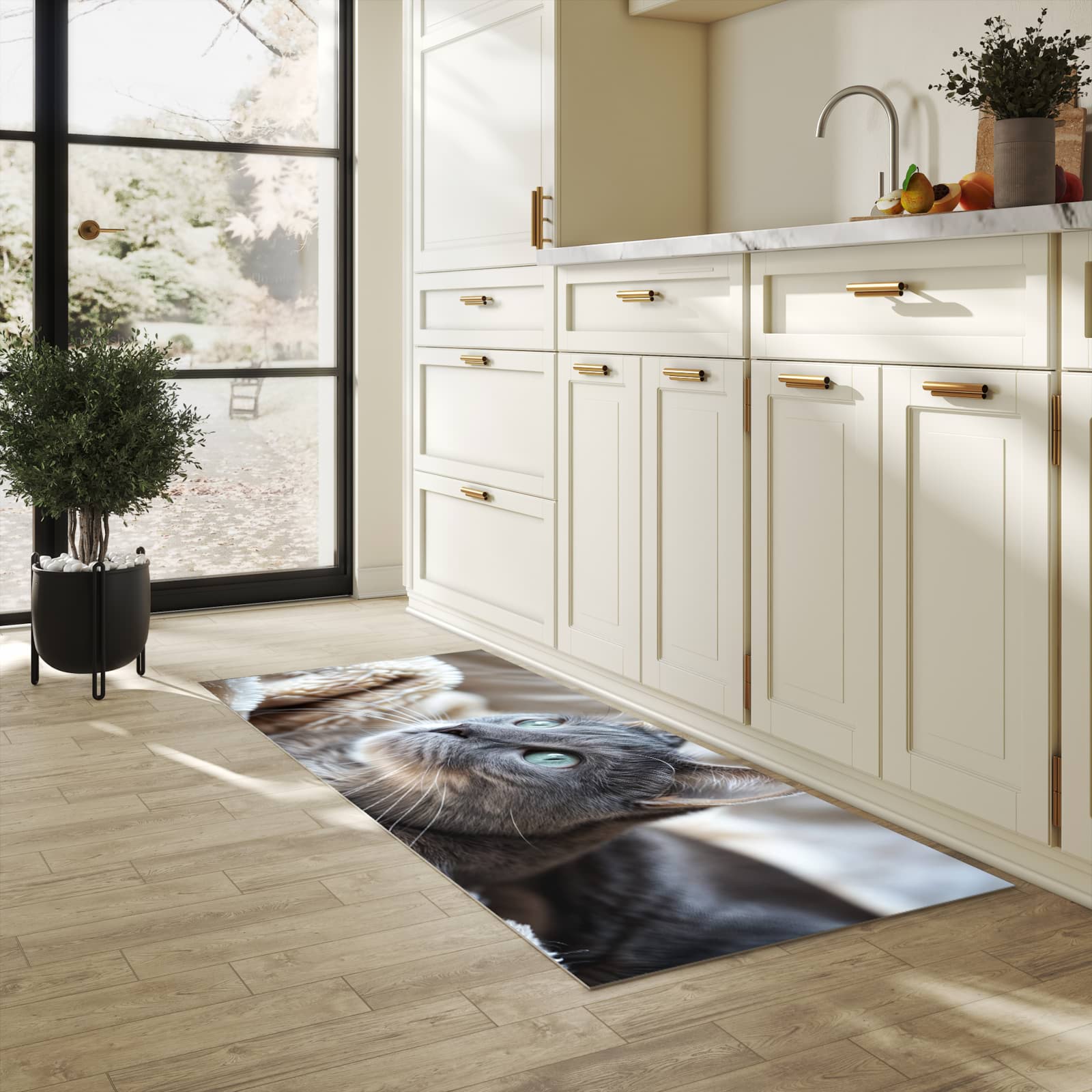 Formstabiler Küchenläufer mit Motiv Kuschelige Katze in heller Küche