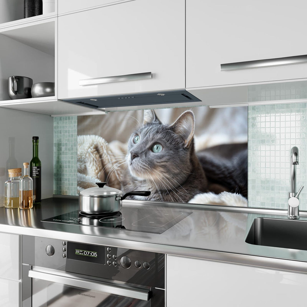 Küchenrückwand aus Glas Graue Katze auf Decke im Hochformat als Spritzschutz hinter dem Kochfeld, über dem Fliesenspiegel montiert