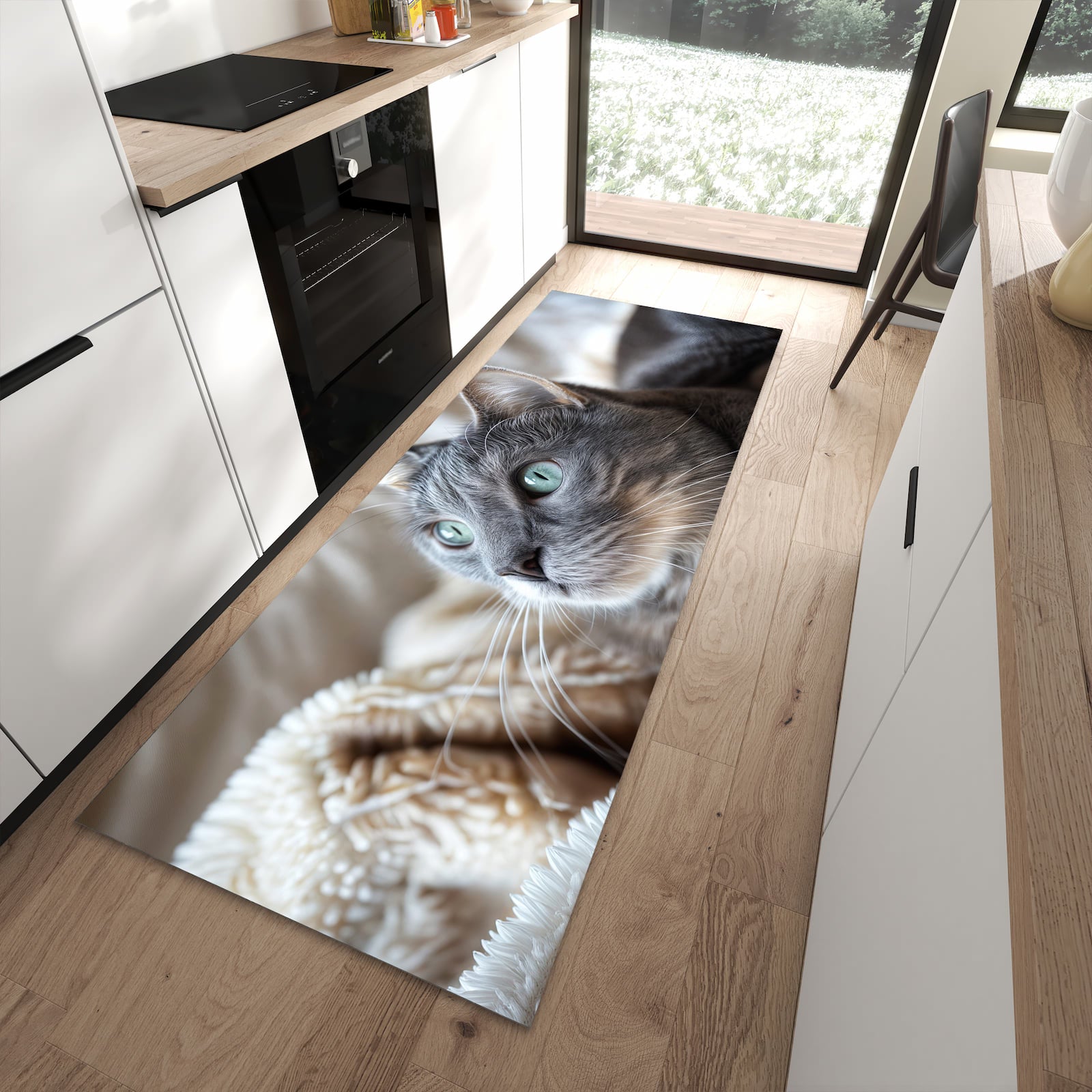 Rutschfester Küchenläufer mit Motiv Kuschelige Katze in moderner Küche
