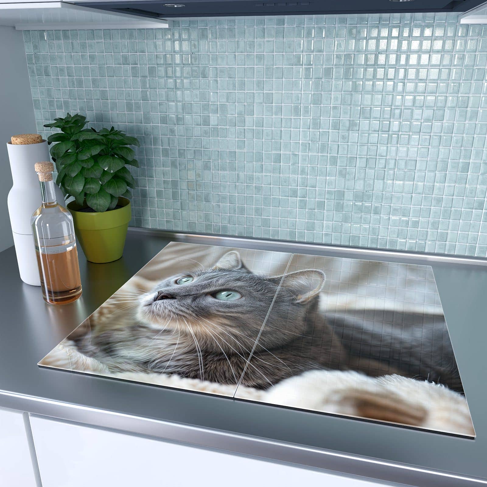 2-teilige Herd Schutzplatte mit Kuschelige Katze-Motiv auf dem Ceranfeld