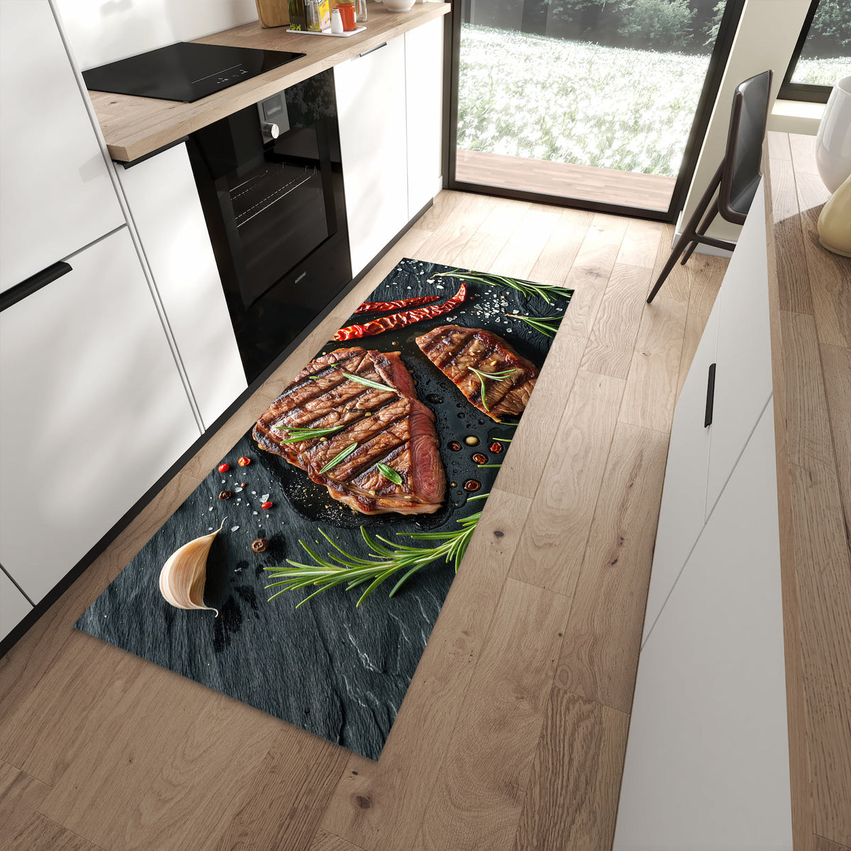 Abriebfester Küchenteppich mit Motiv Steak von Gegrilltes in moderner Küche