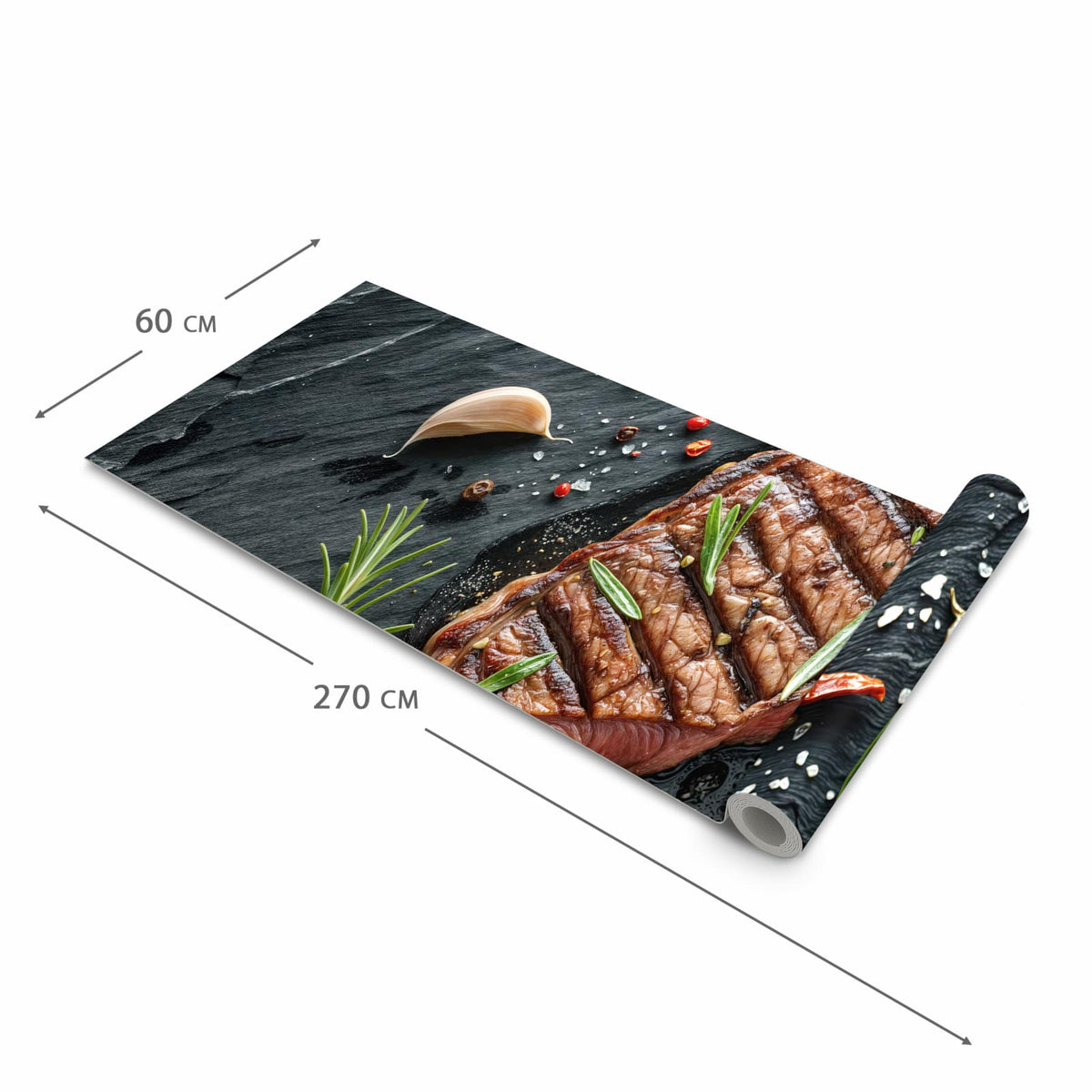 Fleckenresistenter Küchenläufer mit Motiv Steak von Gegrilltes in der Grösse 80x250 cm