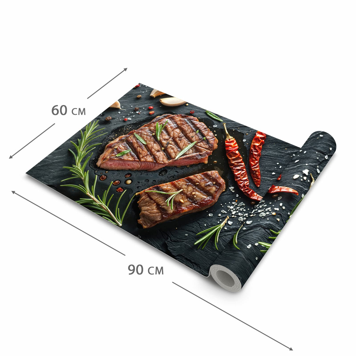 Geruchsneutraler waschbarer Küchenläufer mit Motiv Steak von Gegrilltes in der Grösse 80x250 cm