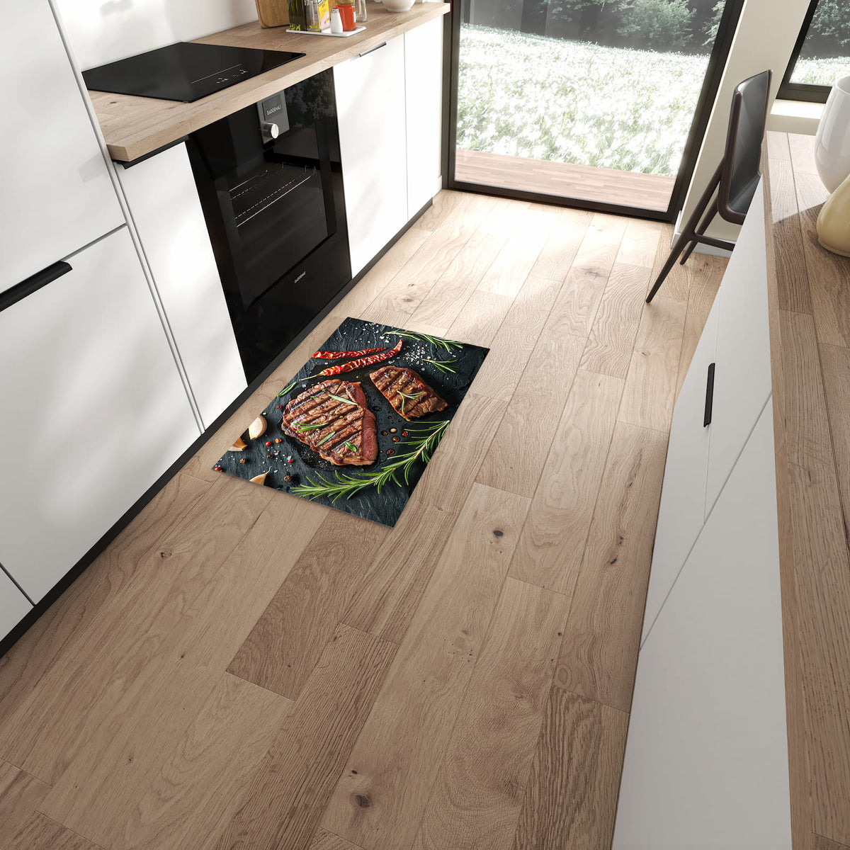 Geräuschdämpfender dünner Teppich mit Motiv Steak von Gegrilltes in moderner Küche