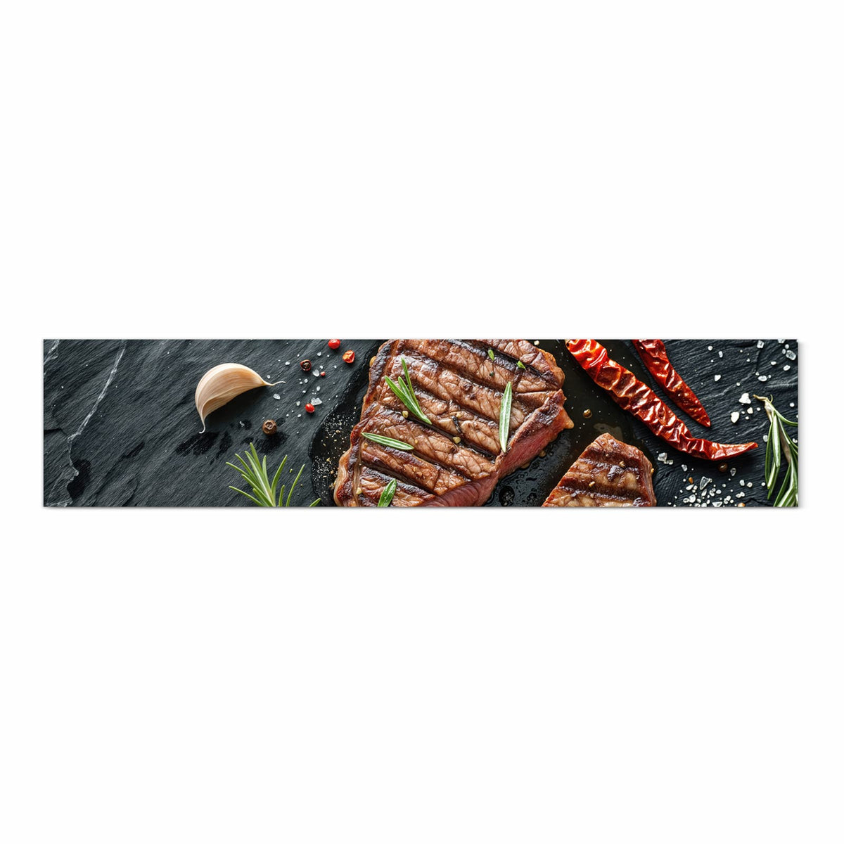 Flacher Küchenläufer mit Motiv Steak von Gegrilltes in Frontansicht für die Küche