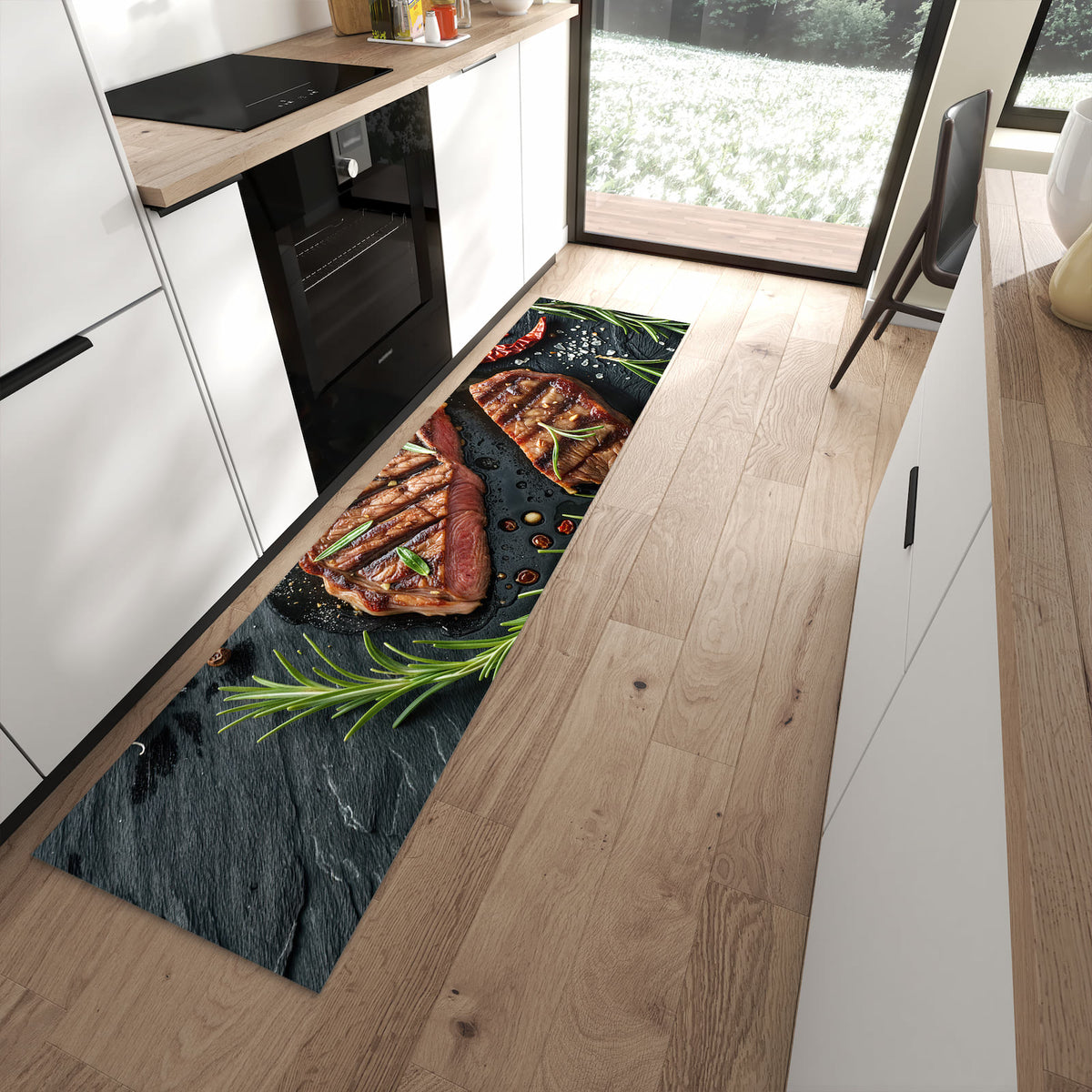 Formstabiler langer Teppich mit Motiv Steak von Gegrilltes in moderner Küche