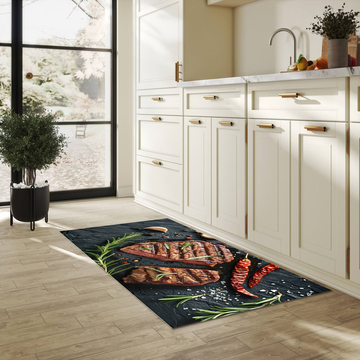 Strapazierfähiger Küchenteppich mit Motiv Steak von Gegrilltes in heller Küche