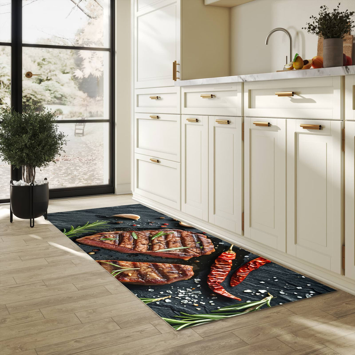 Waschbarer Küchenteppich mit Motiv Steak von Gegrilltes in heller Küche