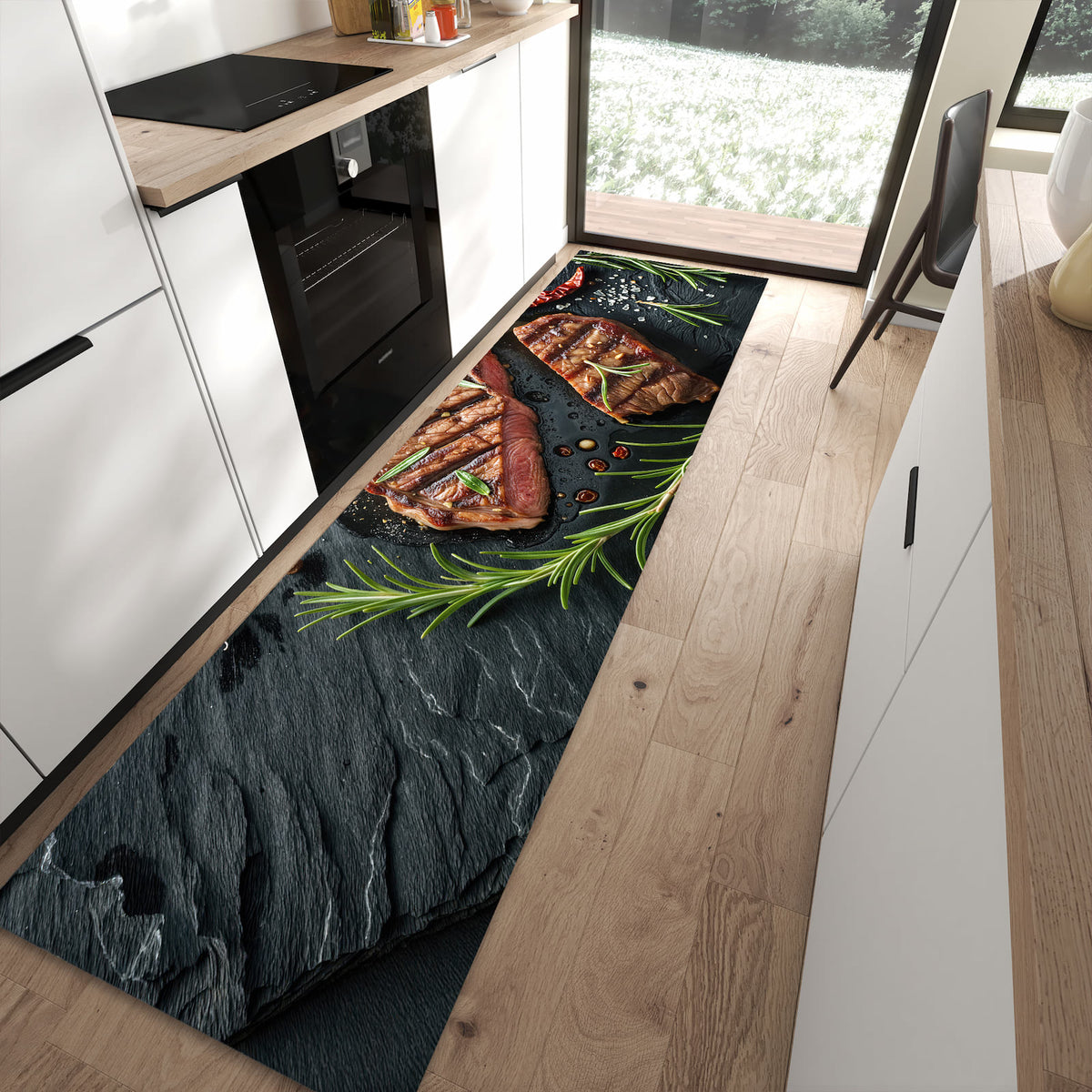 Wasserabweisender Teppich für Esstisch mit Motiv Steak von Gegrilltes in moderner Küche