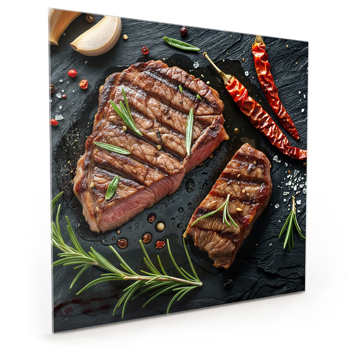 Küchenrückwand aus Glas im quadratischen Format mit Motiv Saftiges Rosmarinsteak: Zwei gegrillte Steaks mit Rosmarin #grösse_50 x 50 cm #grösse_60 x 60 cm #grösse_40 x 40 cm