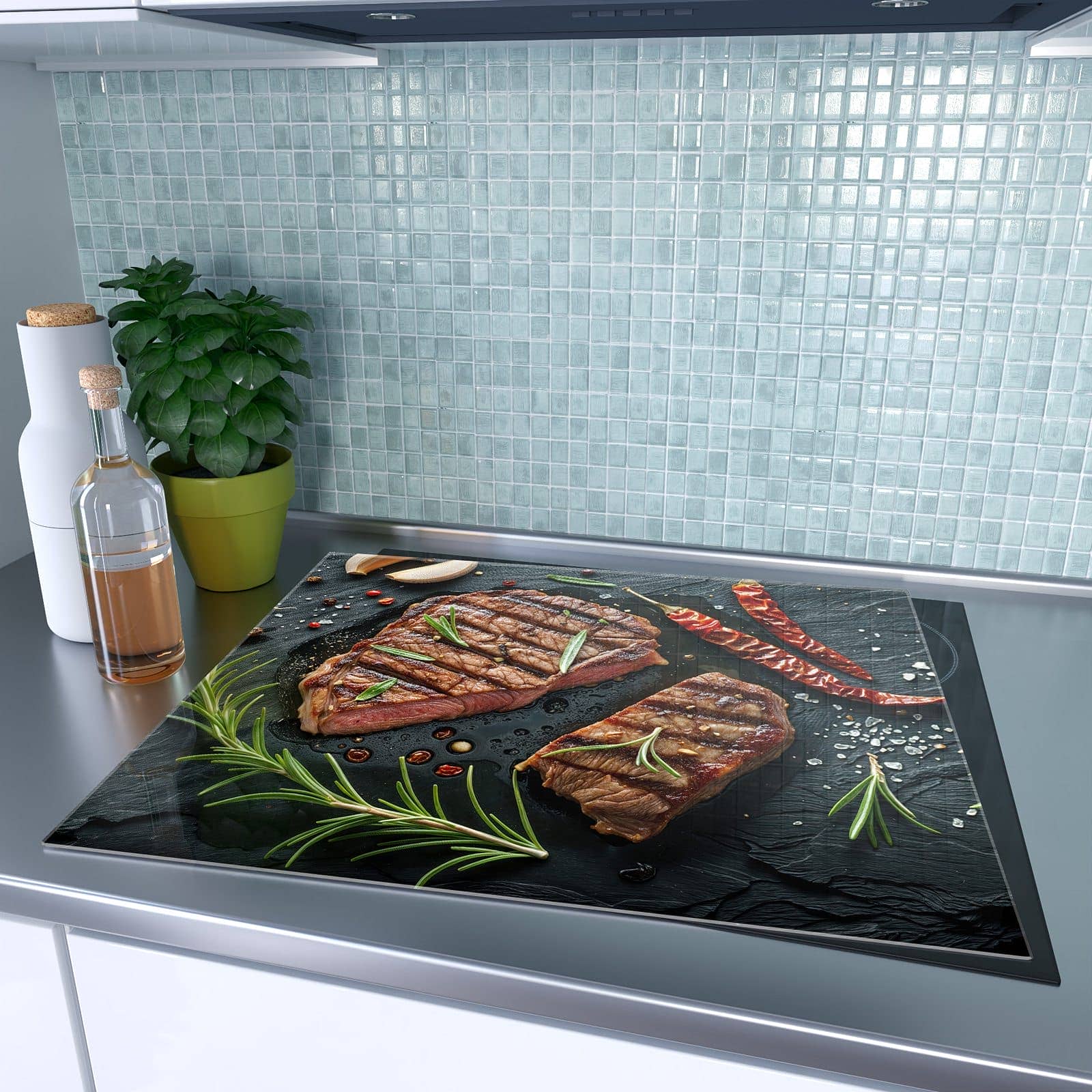 1-teilige Herdabdeckplatte aus Glas mit Saftiges Rosmarinsteak-Motiv auf dem Ceranfeld