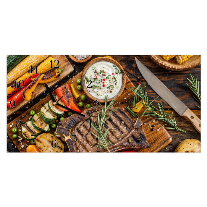 Wanduhr Grillmahlzeit aus Glas – Querformat 60 × 30 cm mit Ziffernblatt Klassisch